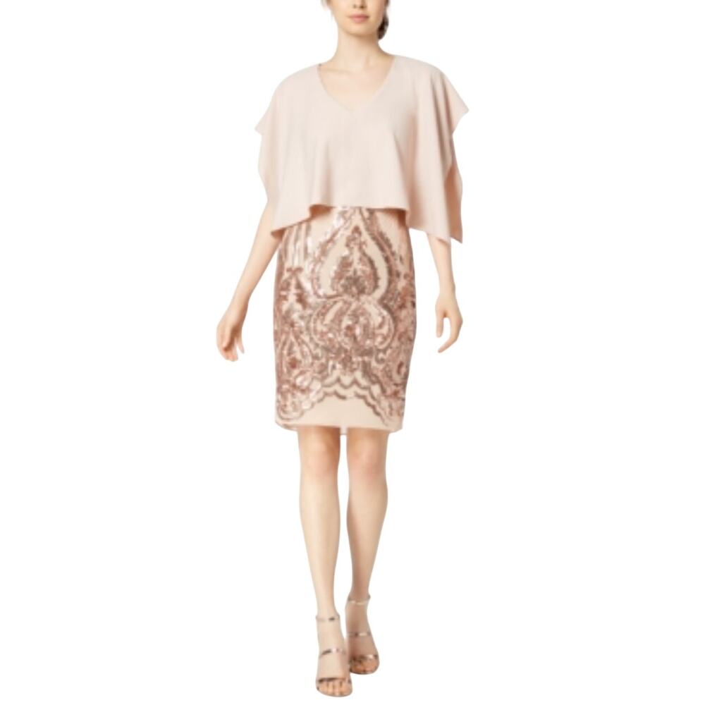Betsy & Adam Champagne Pink Cocktail Dress Sequined Popover Bodice Sheath Size 8